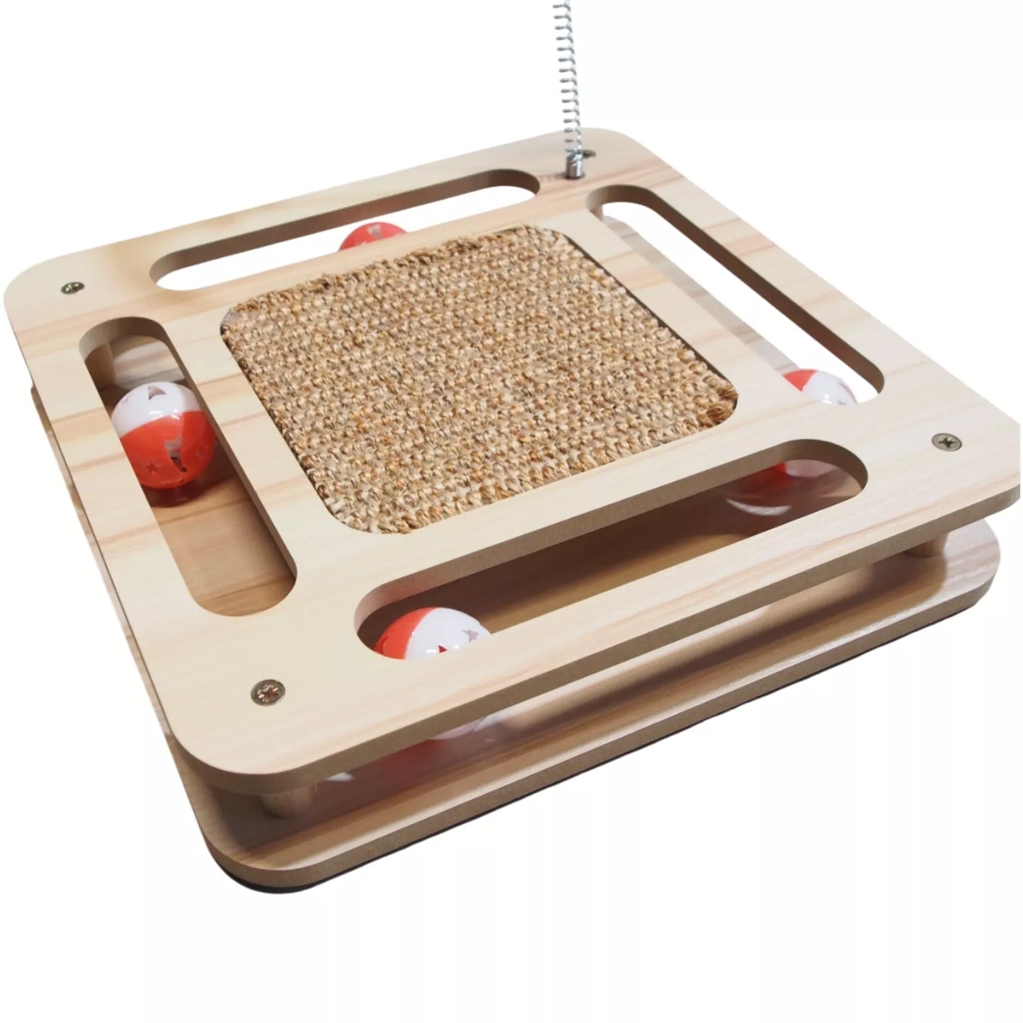 Interaktyvus kačių žaislas–draskyklė su plunksnų meškere