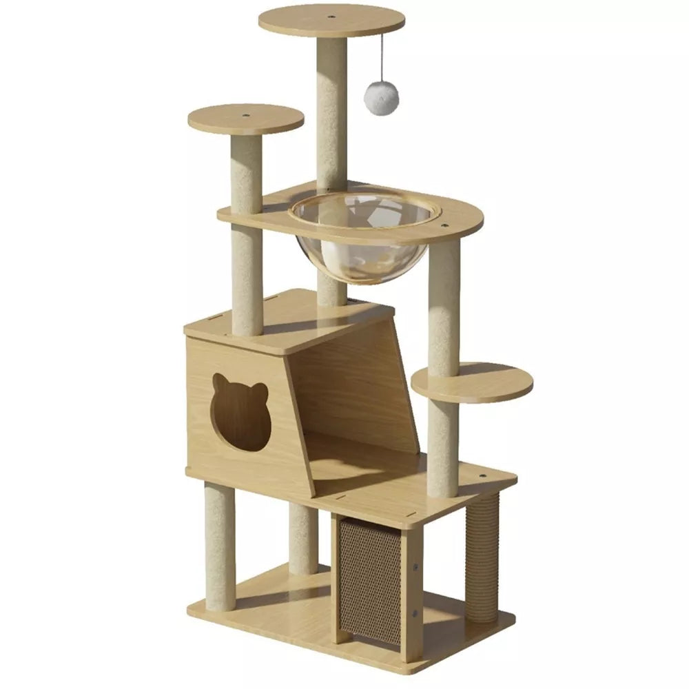 Kačių draskyklė–žaidimų medis su nameliu ir skaidriu hamaku