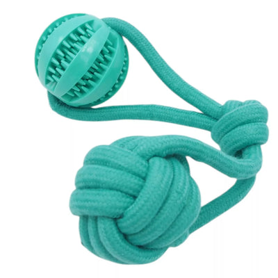 Šuns žaislas virvė su guminiu kamuoliu skanėstams