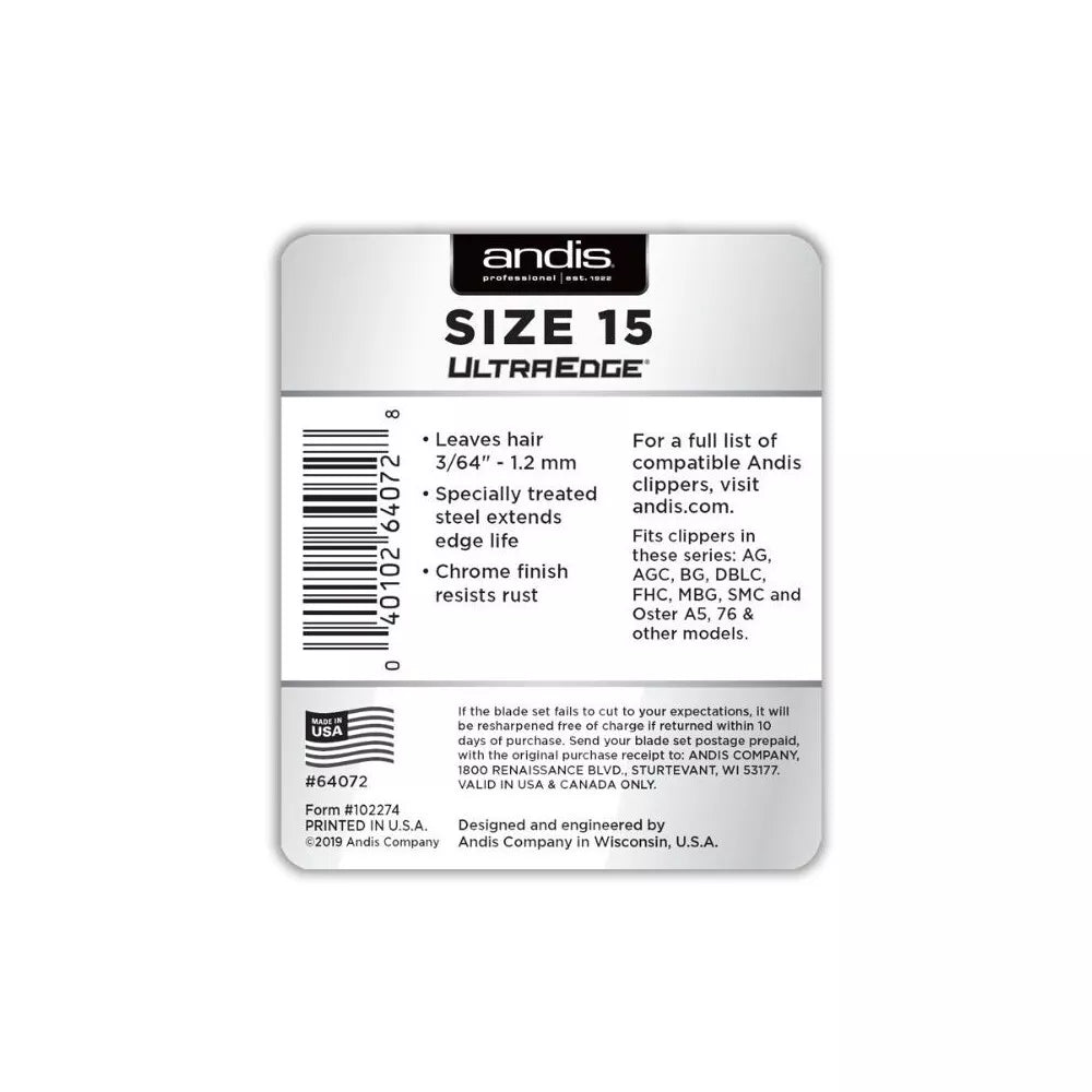 Andis plaukų kirpimo peiliukai UltraEdge Size 15, 3/64" - 1.2 mm