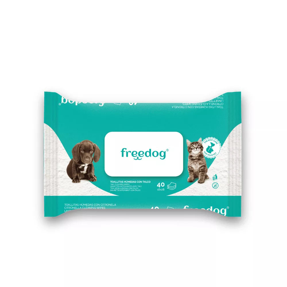 Drėgnos servetėlės gyvūnų priežiūrai, talko kvapo, 40 vnt.