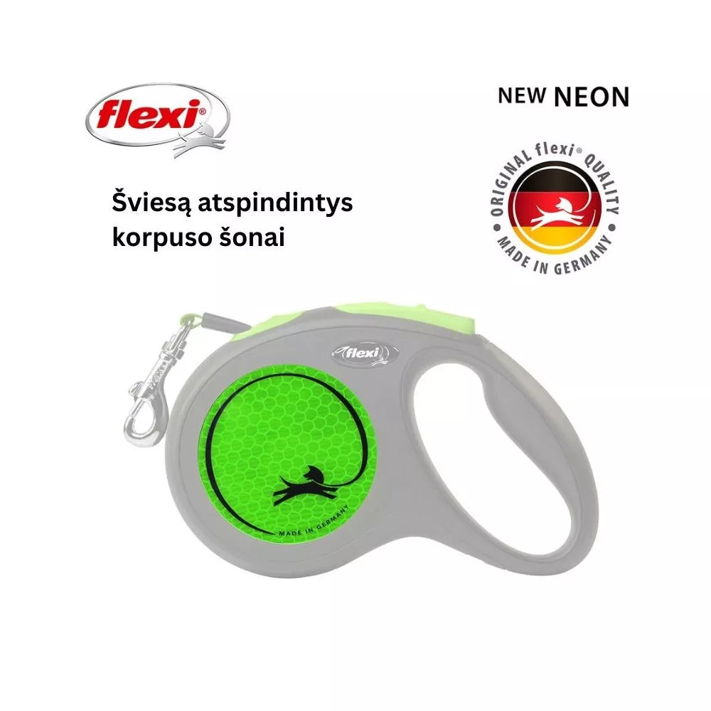 Flexi New Neon M automatinis pavadys, 5 m, juostelė, žalias