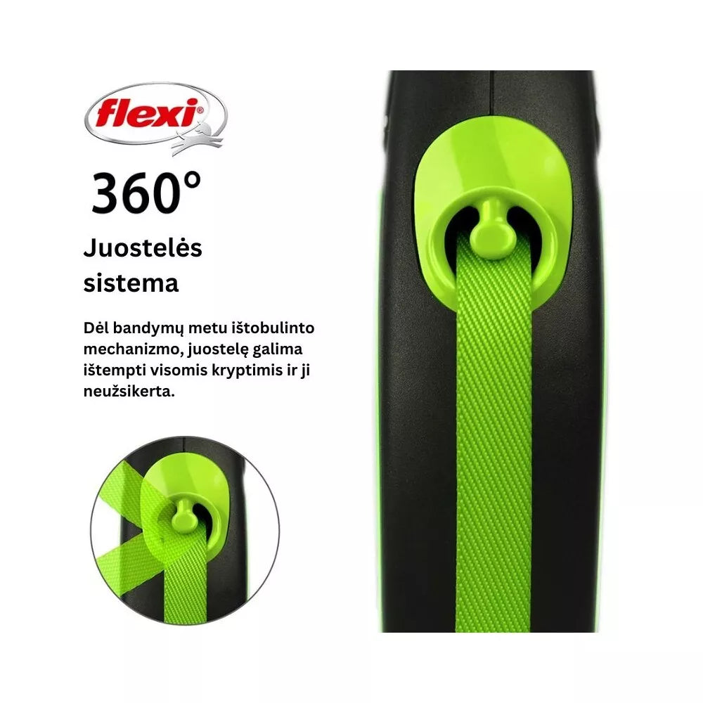 Flexi New Neon M automatinis pavadys, 5 m, juostelė, žalias