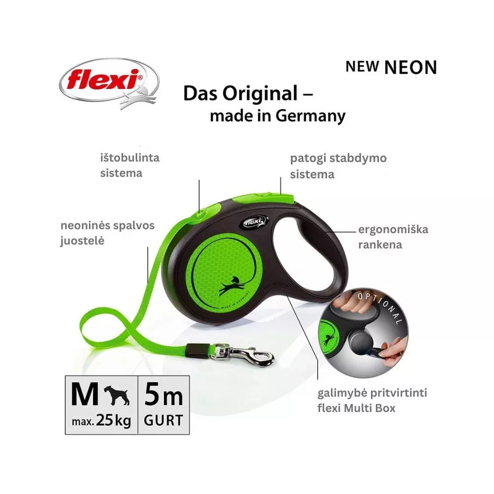 Flexi New Neon M automatinis pavadys, 5 m, juostelė, žalias