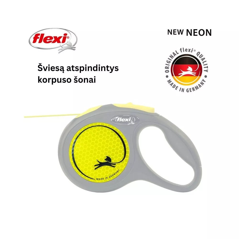 Flexi New Neon M automatinis pavadys, 5 m, virvutė