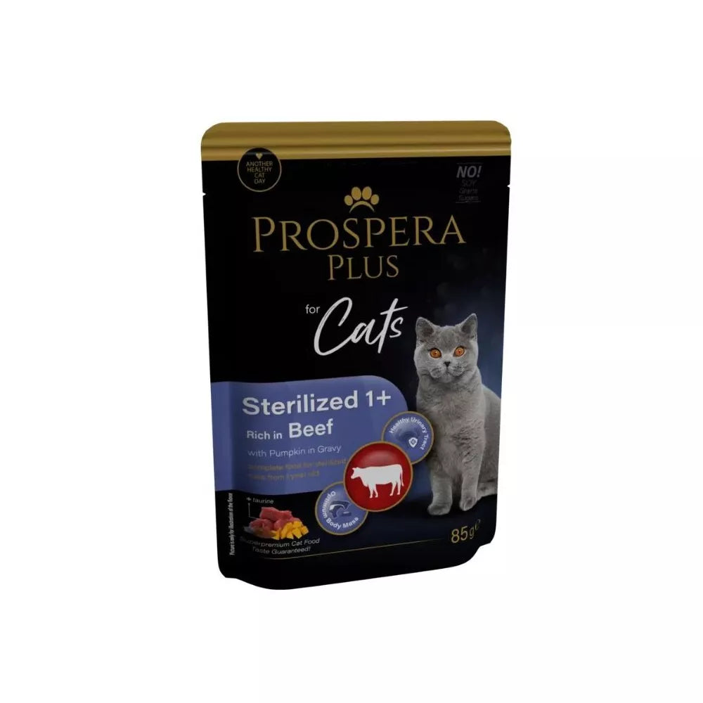 Guliašas sterilizuotoms katėms Prospera su jautiena ir moliūgais, 85 g
