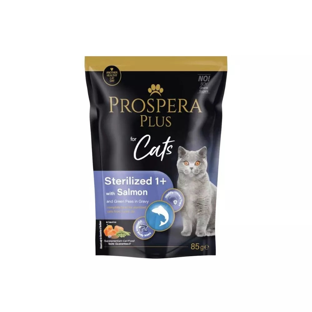 Guliašas sterilizuotoms katėms Prospera su lašiša ir žaliaisiais žirneliais, 85 g