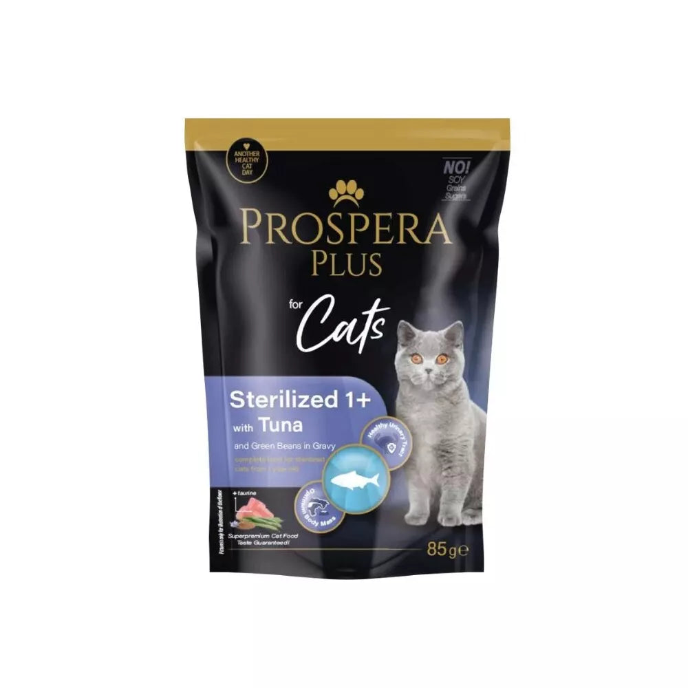 Guliašas sterilizuotoms katėms Prospera su tunu ir žaliosiomis pupelėmis, 85 g