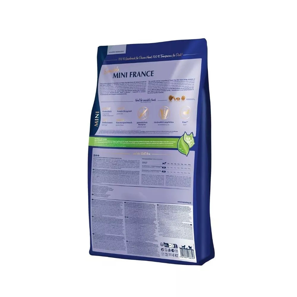 Happy Dog Mini France visavertis pašaras mažų veislių suaugusiems šunims su antiena ir bulvėmis 4 kg