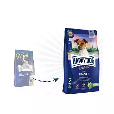 Happy Dog Mini France visavertis pašaras mažų veislių suaugusiems šunims su antiena ir bulvėmis 800 g