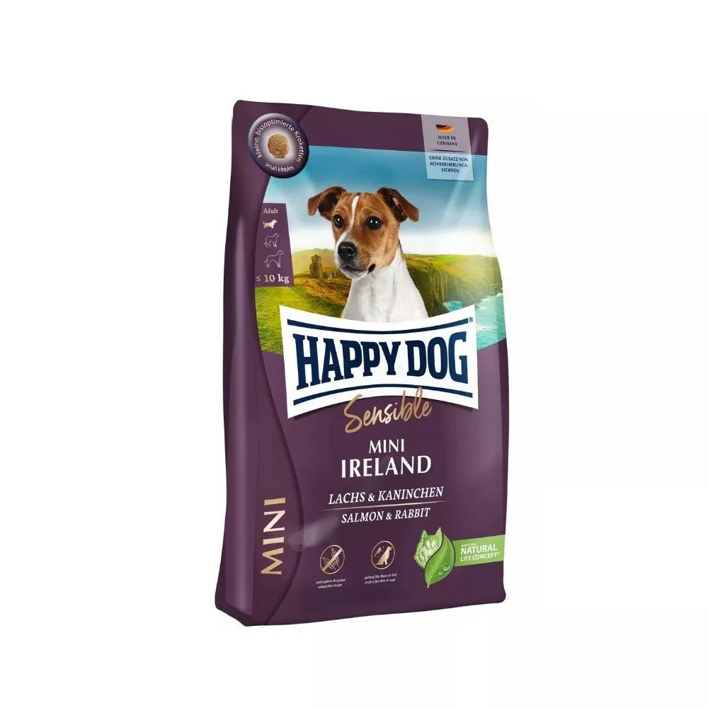 Happy Dog Mini Ireland visavertis pašaras mažų veislių suaugusiems šunims su triušiena ir lašiša, 4 kg