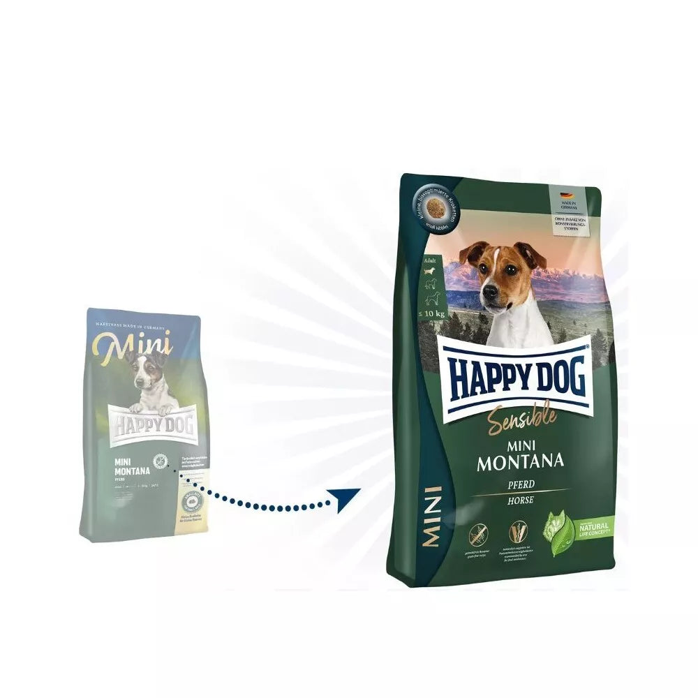 Happy Dog Mini Montana visavertis pašaras suaugusiems mažų veislių šunims su arkliena, 4 kg