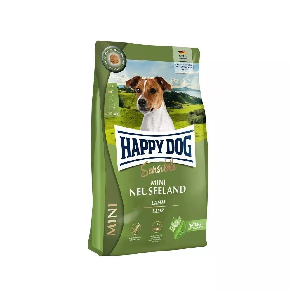Happy Dog Mini Neuseeland visavertis pašaras mažų veislių suaugusiems šunims su ėriena ir ryžiais, 4 kg