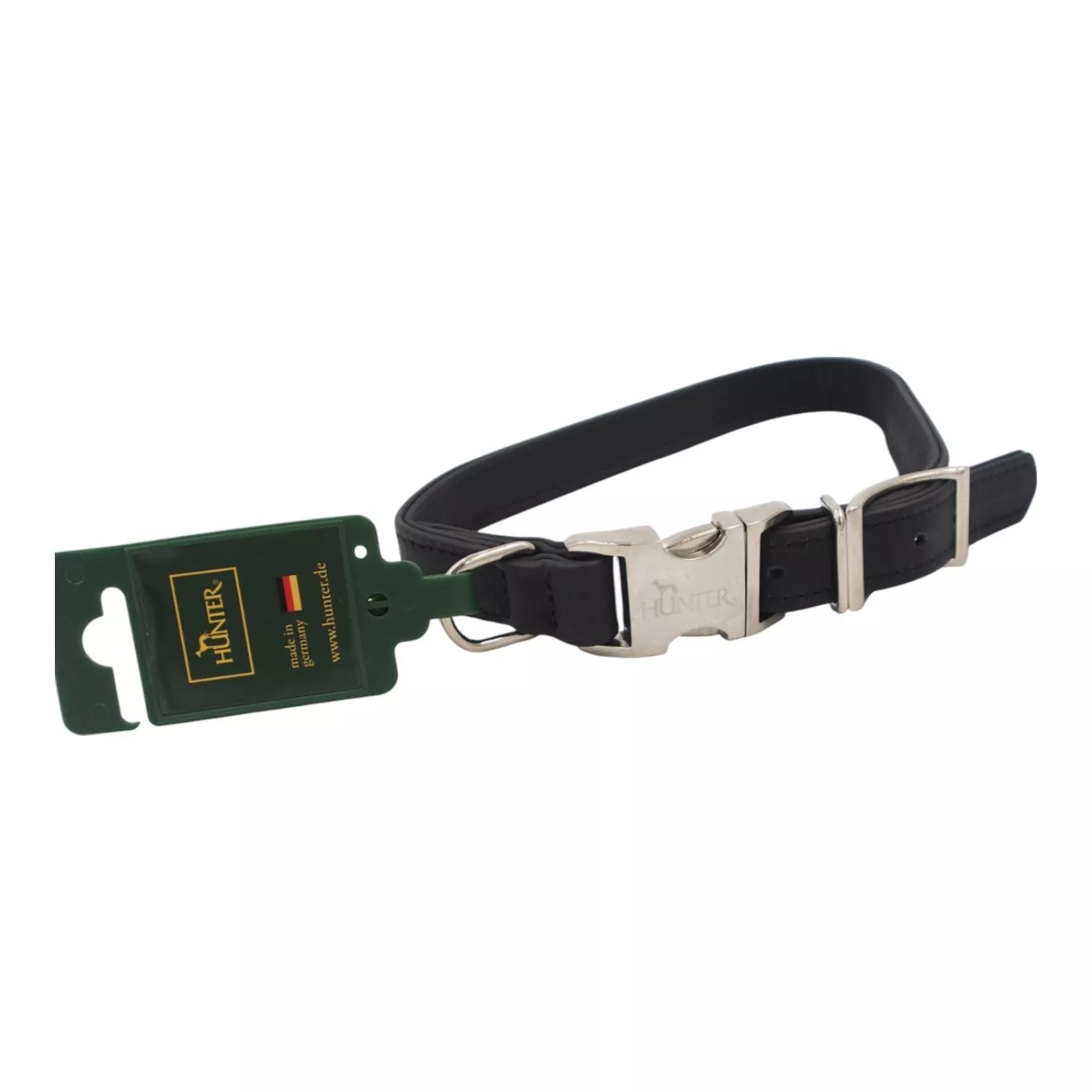 HUNTER juodas odinis šunų antkaklis su metaline sagtimi, 60 cm