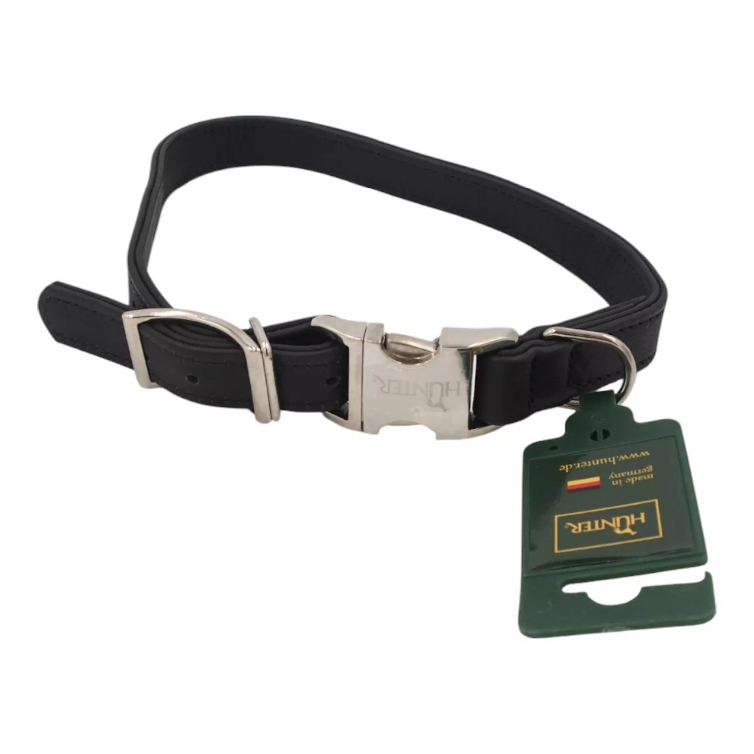 HUNTER juodas odinis šunų antkaklis su metaline sagtimi, 60 cm
