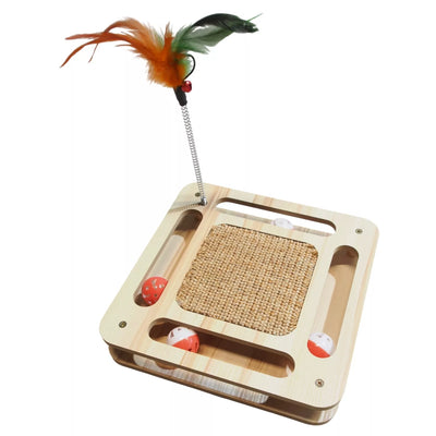 Interaktyvus kačių žaislas–draskyklė su plunksnų meškere