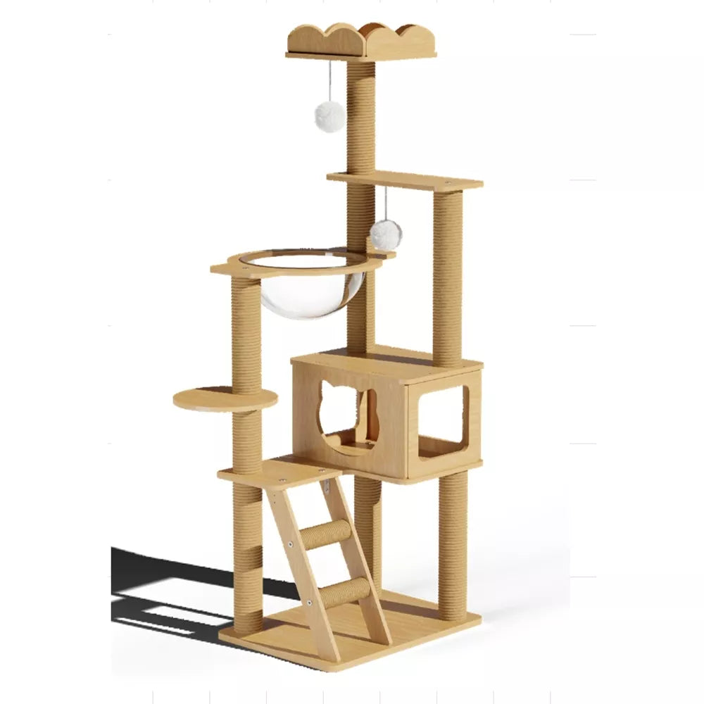Kačių draskyklė–žaidimų medis su nameliu ir hamaku