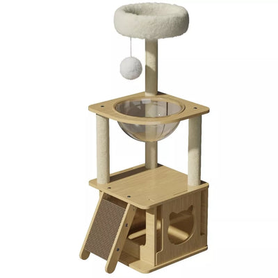 Kačių draskyklė–namelis su skaidriu hamaku