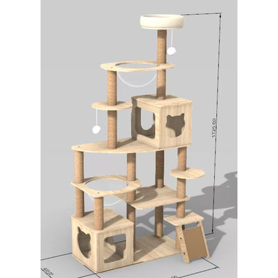 Didelė kačių draskyklė–žaidimų medis su nameliais ir hamakais