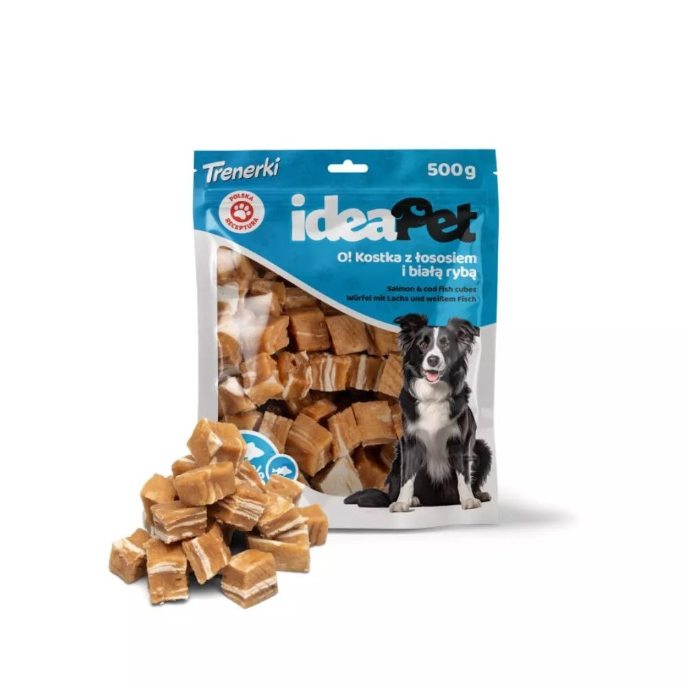 Skanėstas šunims kubeliai su lašiša ir balta žuvimi, 500 g