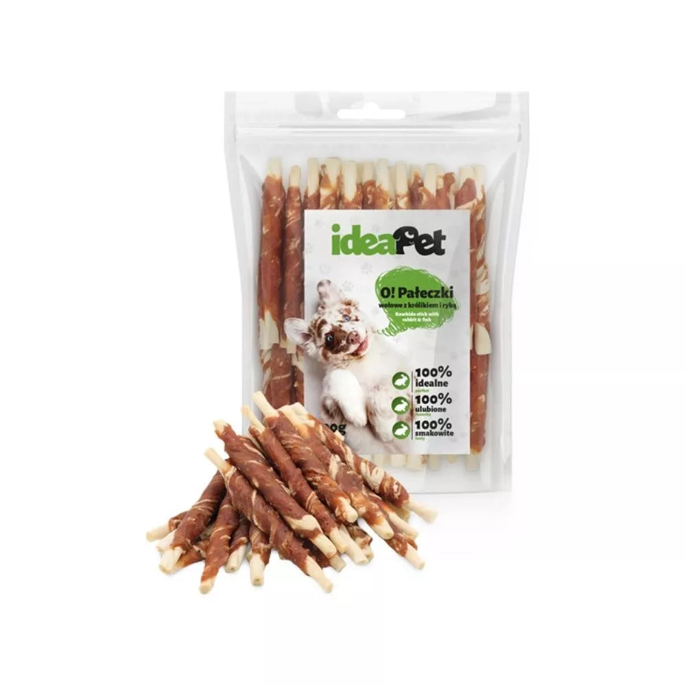 Skanėstas šunims galvijų odos pagaliukai su triušiena ir žuvimi, 500 g